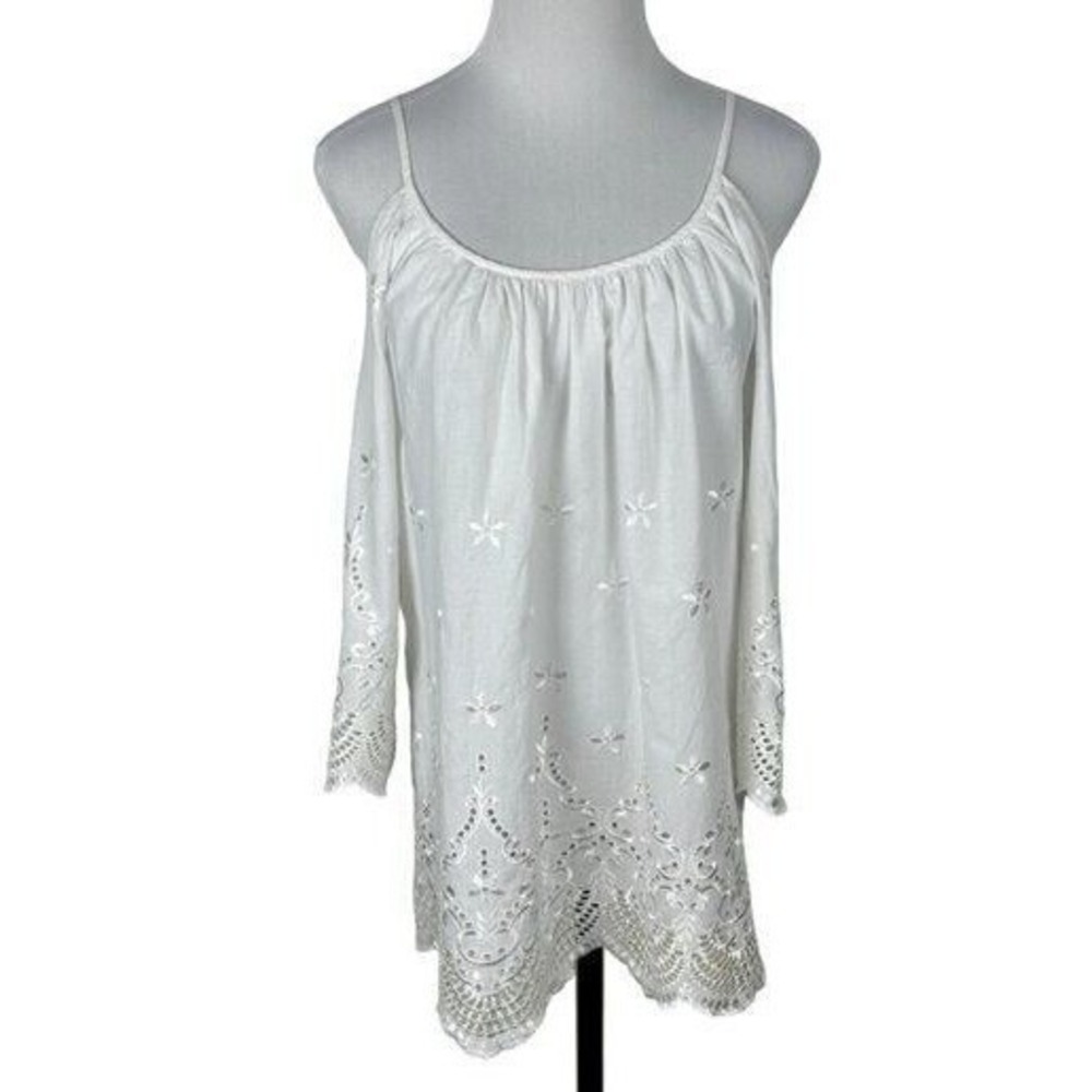 Karen Kane White Eyelet Embroidered Peasant Blouse Womens M Boho Cotton